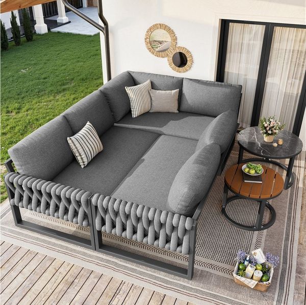 Merax Gartenlounge-Set L-förmiges Gartensofa-Set aus Eisen, (Gartenlounge Set mit verstellbaren Beinen & abnehmbaren Kissen, 5-tlg), 6-Sitzer Gartenmöbel Sitzgruppe mit Couchtische, 2-Sitzer-Sofa,Ecksofa