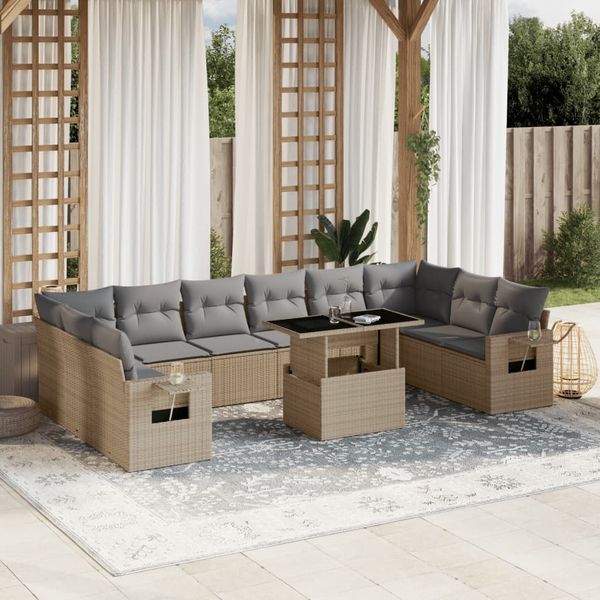 vidaXL 11-tlg. Garten-Sofagarnitur mit Kissen Beige Poly Rattan 3268149