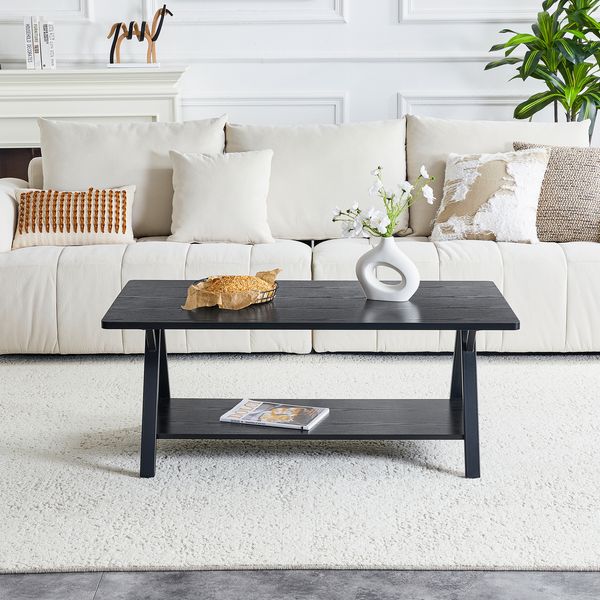 Couchtisch 110x57x44,5 cm, im industriellen Design mit Holzmaserung, Metallgestell und Ablage