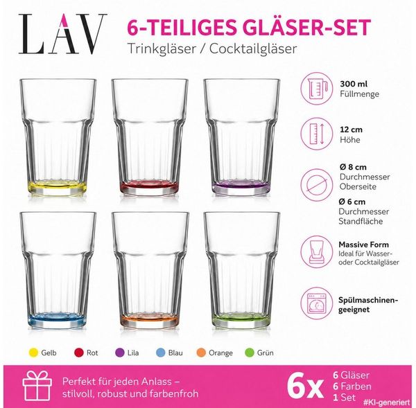 LAV Gläser-Set Caipirinha farbiges Retro Set, 6-tlg, 300ml, spülmaschinengeeignet