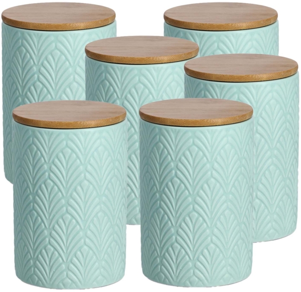 6 Stück Vorratsdose Keramik mit Bambusdeckel, mint - 720ml, Ø 10cm