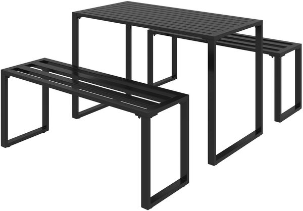 Outdoor Möbelset 3-tlg, Festgarnitur Sitzgruppe Gartengarnitur mit Tisch und 2 Sitzbänken aus Metall Schwarz 110 x 55 x 70 cm