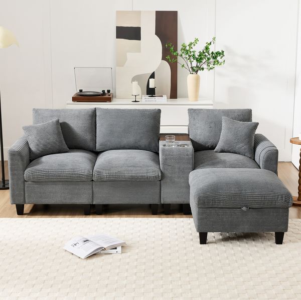 L-förmiges Ecksofa 229x149,5x83 cm Grau, mit Konsole, USB-Ladung & Staufach
