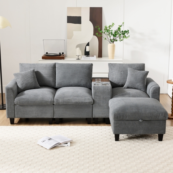 L-förmiges Ecksofa 229x149,5x83 cm Grau, mit Konsole, USB-Ladung & Staufach
