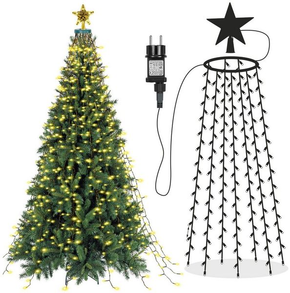 LMaxhome LED-Lichterkette Baumbeleuchtung Wasserfall Lichterkette mit Sterne Weihnachtsbaum Deko, 3M, 490-flammig, 8 Modi Timer, Topper Star, Wasserdicht, Aussen, Innen