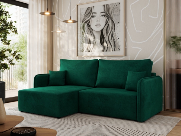 L-förmiges Ecksofa mit Armlehnen, für das Wohnzimmer, Schlaffunktion und Bettkästen, Wellenfeder am Sitz, losen Kissen - MESTO - Dunkelgrün Velours - linke Seite