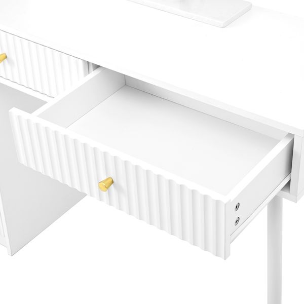 Schminktisch mit LED Spiegel, Kosmetiktisch mit 4 Schubladen und Glasfront Schrank, Waschtisch mit dreifarbiger LED Beleuchtung und Touchsteuerung Bild 9