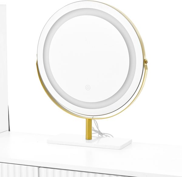 Schminktisch mit LED Spiegel, Kosmetiktisch mit 4 Schubladen und Glasfront Schrank, Waschtisch mit dreifarbiger LED Beleuchtung und Touchsteuerung Bild 10