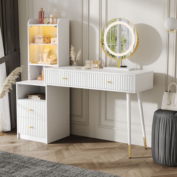 Schminktisch mit LED Spiegel, Kosmetiktisch mit 4 Schubladen und Glasfront Schrank, Waschtisch mit dreifarbiger LED Beleuchtung und Touchsteuerung