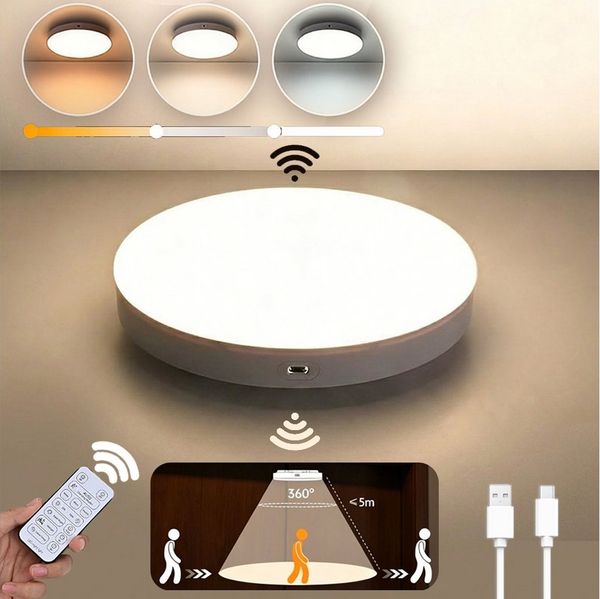 PRIISF LED Deckenleuchte LED Deckenlampe mit Radar Bewegungsmelder Akku Deckenleuchte 10000 mAh, Dimmbar, 3000K/4300K/6500K Runde Sensor Licht, Wiederaufladbare Deckenleuchte LED Panel, Aufladbar Lamp mit Fernbedienung für Badezimmer, Keller, Garage