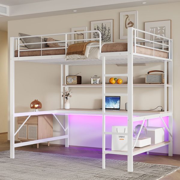 Hochbett mit Schreibtisch, LED-Beleuchtung, USB Anschlüssen, Rausfallschutz, Steckdosen und Regal, 140x200 cm, Metallbett, Jugendbett