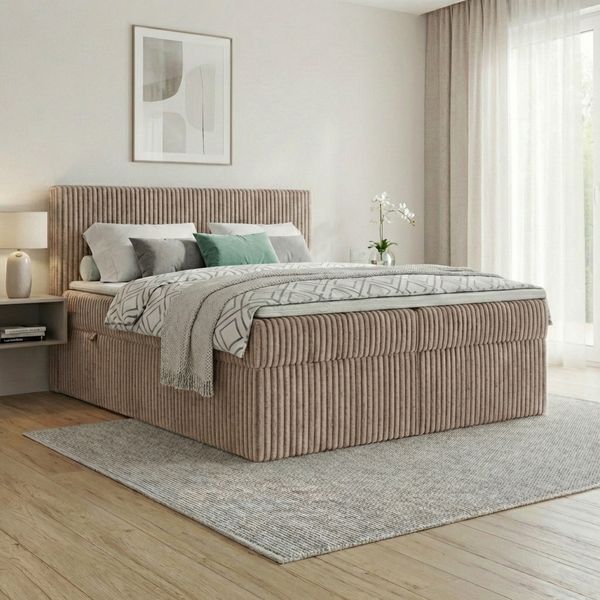 Boxspringbett RALF 200 x 200 cm mit Bettkasten, Topper und gepolstertem Kopfteil. Farbe: Beige, Härtegraden: H2 , Topper: Visco-Topper