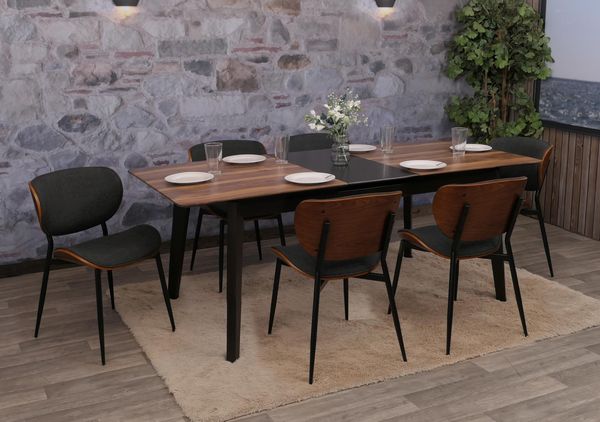 6er-Set Esszimmerstuhl HWC-O45, Bugholz Stoff (370g/m²) Öko-Tex FSC®-zertifiziert ~ Walnuss-Optik, dunkelgrau