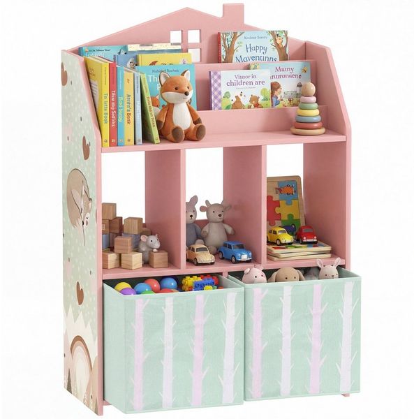 AIYAPLAY Kinderregal Spielzeugregal mit 2 Stoffschubladen offen Regal, Bücherregal Kinder 1-tlg, für 3-8 Jahre für Spielzeug Bücher 62,5 x 30 x 91,5 cm Rosa