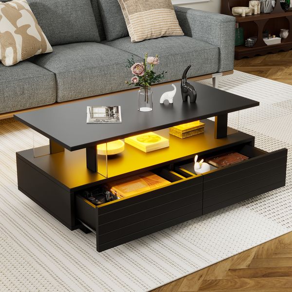 Couchtisch aus Acryl mit LED, 100x50x42 cm, schwarz, 2 Schubladen & Ablagefach