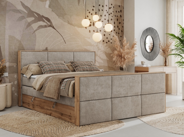 Doppelbett, Boxspringbett mit zwei Multipocket-Matratzen und ein Topper, Bettkästen, Eiche Wotan Holzrahmen, genähtes Kopfteil und Front - ALBERO 2 KING DUO - 140 x 200 cm - Beige Stoff - H3
