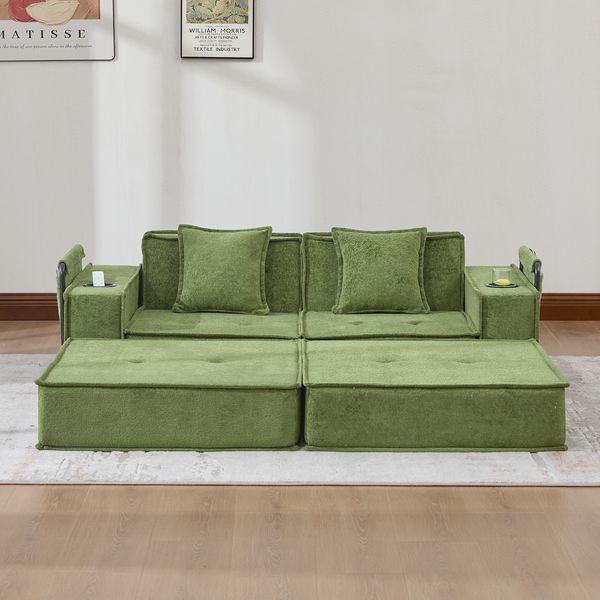 Sofa 162x78x66 cm, Grün, Chenille, 2-Sitzer mit 120x54 cm Sitzfläche, 2 Kissen und seitlichen Stauraumtaschen,66x162x78 cm