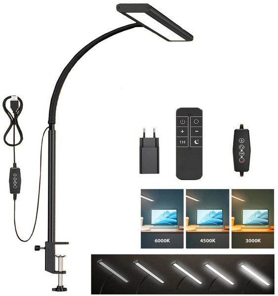MUPOO LED Klemmtischleuchte LED Leselampe Klemmleuchten Clip-on, Timer, Dimmbare & Helligkeitsstufen, USB mit EU-Stecker, 70cm Höhe mit Fernbedienung