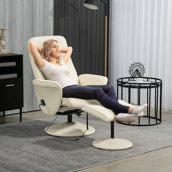 HOMCOM Massagesessel mit Fußhocker, Liegefunktion, 10 Massagepunkte (Relaxsessel, 2-St, Fernsehsessel), mit Seitentasche, Fernbedienung, Kunstleder, Cremeweiß
