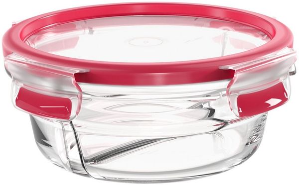 EMSA Clip & Close Glas Frischhaltedose, rund, 0,55 L, 100 Prozent dicht, rutschfestes Stapeln, Glasbehälter spülmaschinen-, gefrier-, backofen-, mikrowellenfest, Rot, Transparent, N10402