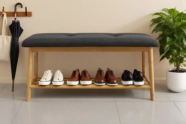 riess-ambiente Schuhbank ZEN-BO 80cm natur/grau - Bambus, FSC, Regal, Sitzbank, viel Stauraum (Einzelartikel, 1-St), Gepolsterte Garderobenbank aus Massivholz - ideal für Eingangsbereich