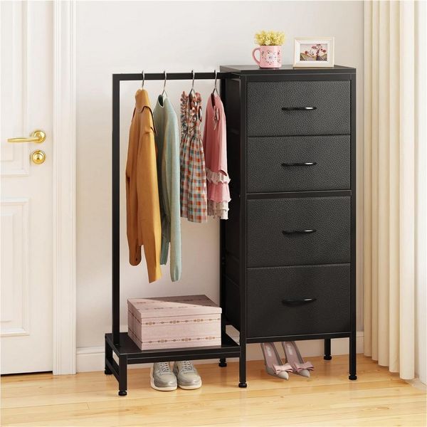OYRREU Kinderkleiderschrank Kommode mit Kleiderstange & Schuhregal, platzsparend (Aufbewahrungsschrank-Set 1-St, mit 4 Stoffschubladen, Schuhablage) 3-in-1 Organizer Schlafzimmer Garderober