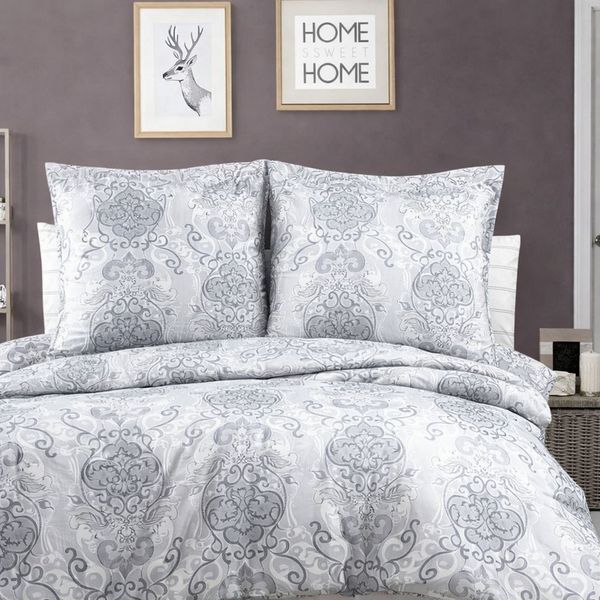 ZIRVEHOME Bettwäsche Baumwolle Bettbezug Grau-Weiß Ornamental Elegantes Barockmuster Daria, Renforce, 3 teilig, Baumwolle Bettbezug Grau-Weiß Ornamental Elegantes Barockmuster