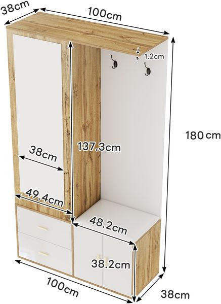 Kompaktgarderobe mit Spiegel, Schuhbank, Schuhregal und offenem Hängebereich, Garderobenschrank,Weiß & Natur Bild 8