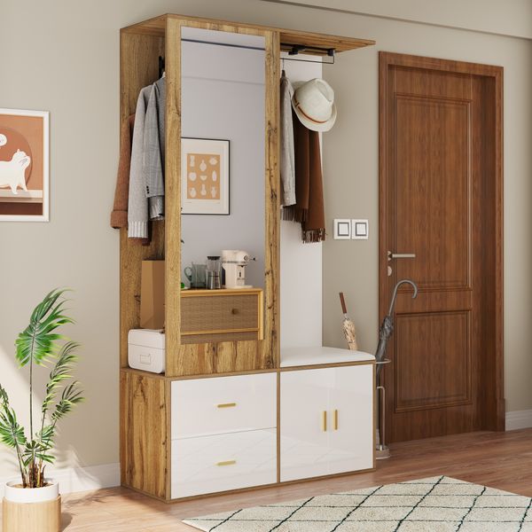 Kompaktgarderobe mit Spiegel, Schuhbank, Schuhregal und offenem Hängebereich, Garderobenschrank,Weiß & Natur