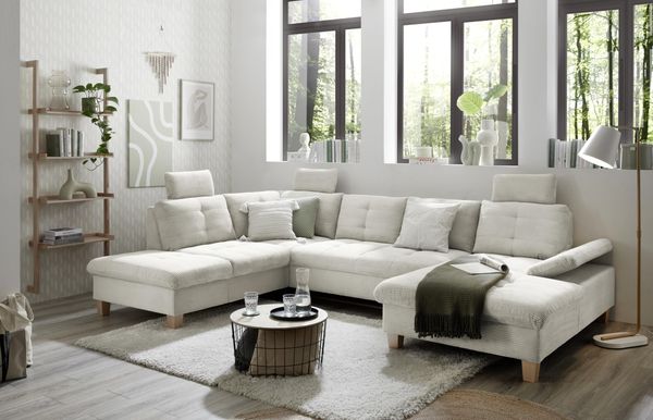 Wohnlandschaft Ascot mit Cord-Bezug und Schlaffunktion in Creme, U-Form inkl. Kopfstützen, Bettkasten und Verstellbarer Armlehne - 324 x 107 x 218 cm (B/H/T)