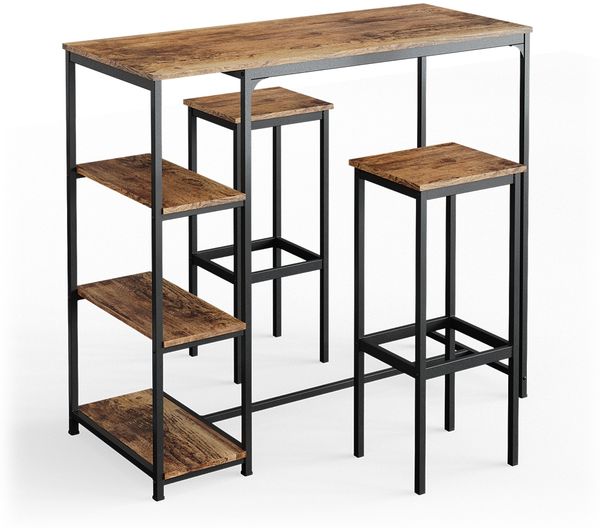 Bartisch-Set Fyrk Antikholz 120 x 50 cm mit Regalen und 2 Barhockern Vicco