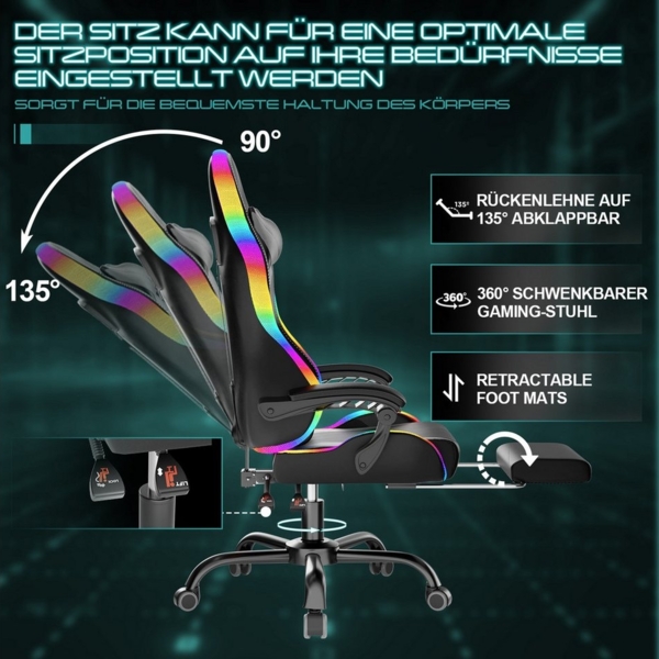 HOMALL Gaming-Stuhl LED Massage Bürostuhl mit Fußstütze,Kopfstütze Gaming Chair (Gaming Sessel,Federsitzkissen mit Fußstütze,360° drehbar) Bild 3