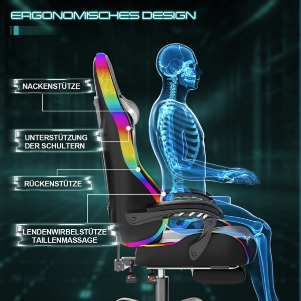HOMALL Gaming-Stuhl LED Massage Bürostuhl mit Fußstütze,Kopfstütze Gaming Chair (Gaming Sessel,Federsitzkissen mit Fußstütze,360° drehbar) Bild 2