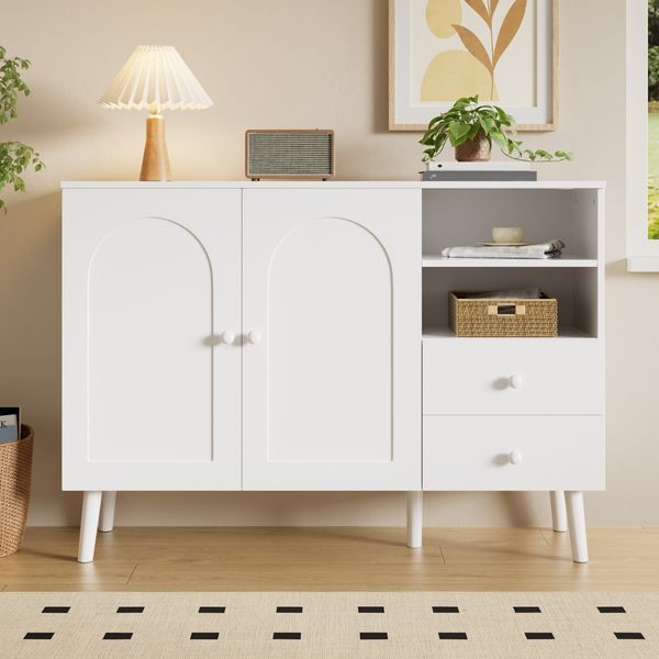 Merax Sideboard, gewölbte Türen, Holzgriffe, Holzfüße, mit 2 Türen, 2 Schubladen und 2offenem Fach, Mehrfachaufbewahrung, Weiß