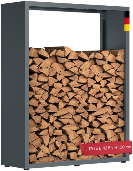 STEELSØN ‚Keid’ Kaminholzregal 150x120x42,5 cm, Brennholz Regal für innen/außen, rostfrei & wetterfest, stabil aus Metall, anthrazit
