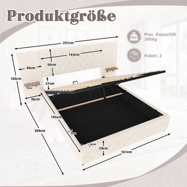 Celya Polsterbett Bettgestell mit breitem Kopfteil, LED-Licht, USB-Anschluss (160x200cm, Ideal für Schlafzimmer und komfortablen Schlaf, Ohne Matratze), hydraulischem Hebesystem und großem Stauraum unter dem Bett