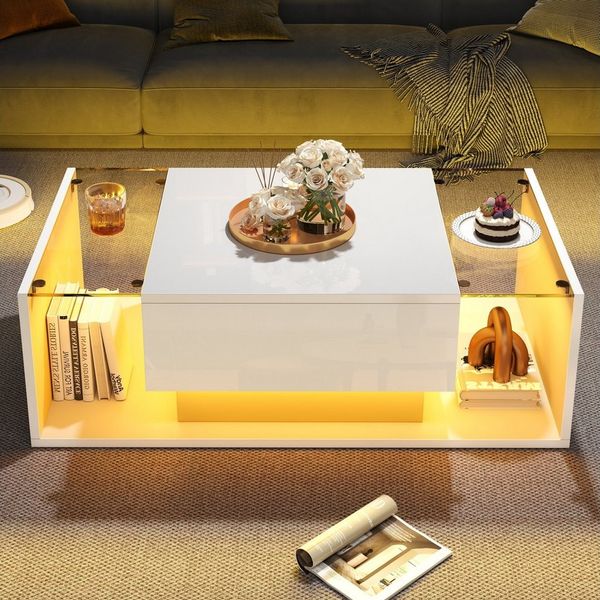 HAUSS SPOLE Couchtisch mit Glasplatte&LED,Wohnzimmertisch Hochglanz-Sofatisch mit Schublade (Satztisch, Beistelltisch, Sofatisch, 1-St, mit 1 Schublade und LED-Lichtleiste), Hochglanz-Sofatisch