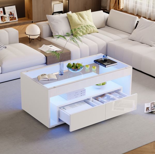 Couchtisch 100x50x40 cm mit LED-Beleuchtung, 2 Schubladen und Glasplatte in Hochglanzweiß