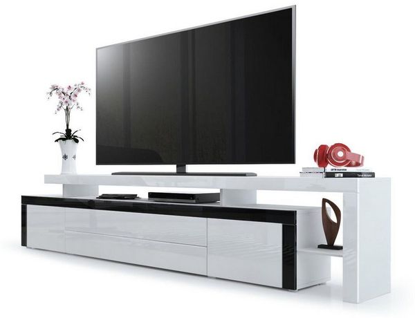 Vladon Lowboard Leon (TV-Kommode, mit zwei Türen, zwei Schubkästen und einem modernen Überbau), Weiß matt/Weiß Hochglanz/Schwarz Hochglanz (227 x 52 x 35 cm)