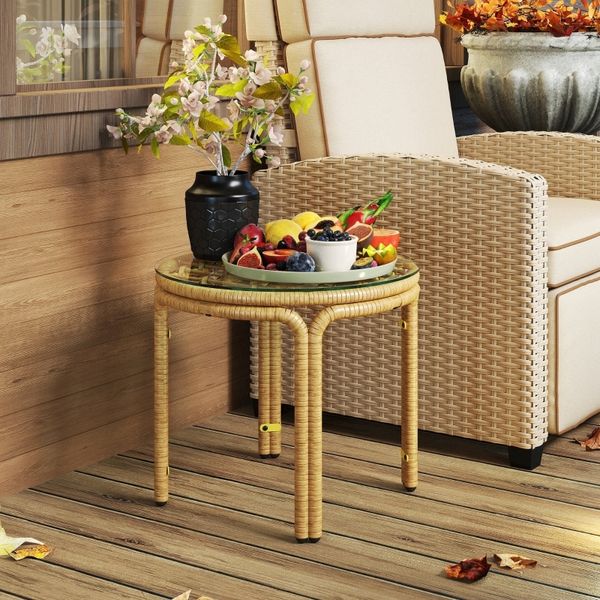 Beistelltisch für Balkon in Rattanoptik, mit Sicherheitsglasplatte und Stahlgestell, Ø50x44 cm, Gelb, wetterfest,H 44 x T 50 x B 50 cm