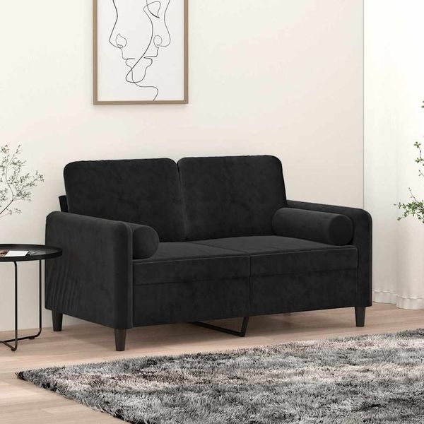 2-Sitzer Sofa, Couch Wohnzimmer mit Zierkissen Schwarz 120 cm Samt