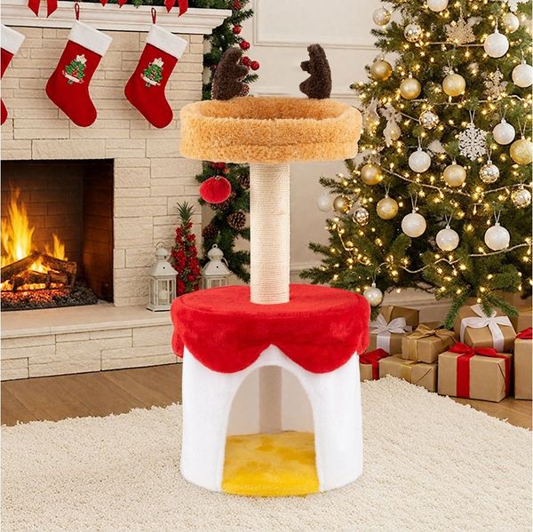 COSTWAY Kratzbaum, Katzenbaum für Weihnachten, mit Katzenhöhle & Ball