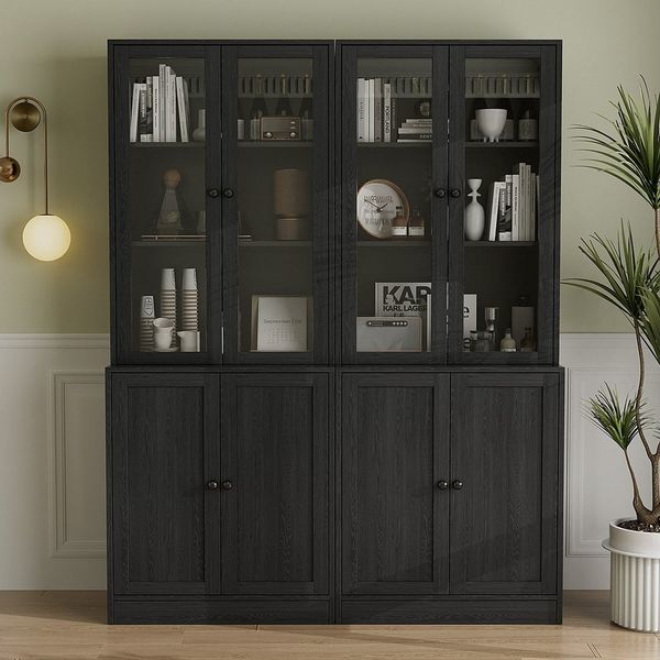 VOWNER Bücherregal 5-stöckiger Hochschrank mit Glastüren – 180 cm Vitrinenschrank, 2-tlg, Küchenhochschrank & Buffetschrank für Wohnzimmer, Esszimmer
