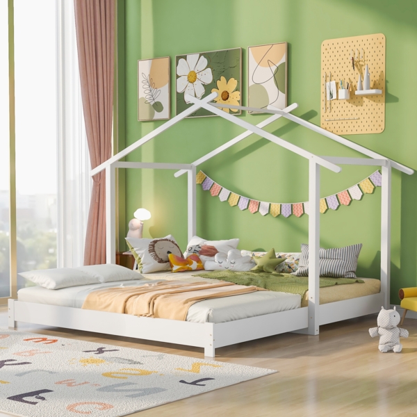 Merax Hausbett 90 /180 x 190cm Holz Kinderbett für Jungen & Mädchen Massivholz Kinder Bett umbaubar Bodenbett mit Lattenrost weiß