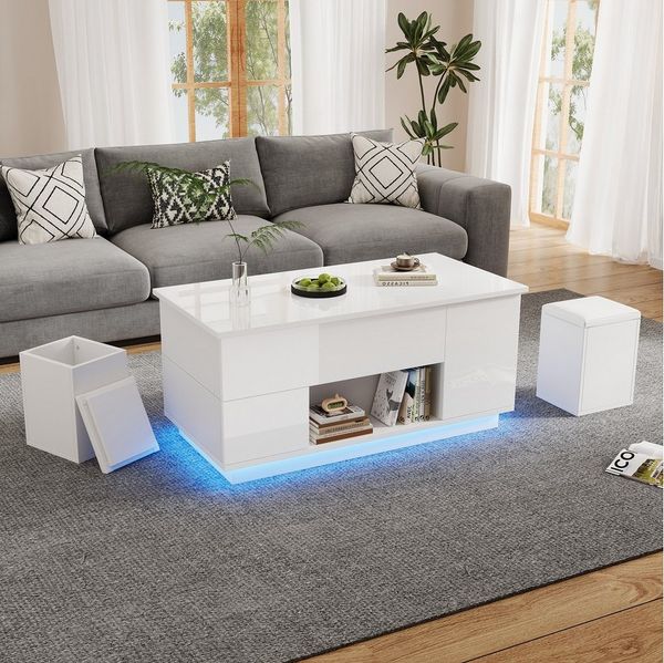 OKWISH Couchtisch 4-in-1 höhenverstellbarer Sofatisch (Wohnzimmertisch, Beistelltisch, 1-St, mit LED, 2 Schubladen, 100*50*45cm), Hochglanztisch mit 2 Hockern, verstecktem Stauraum