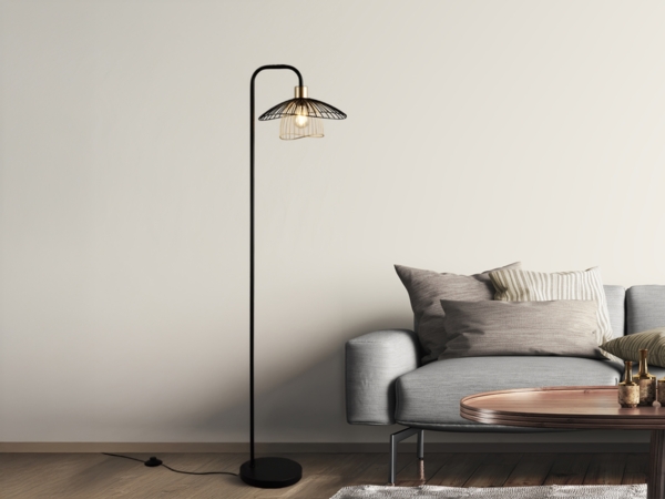 LED Stehleuchte mit Gitter Lampenschirm Schwarz Gold, Höhe 155cm