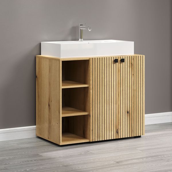 trendteam smart living - Waschbeckenunterschrank Unterschrank auf Rollen - Badezimmer - PureBliss - Aufbaumaß (BxHxT) 80 x 64 x 42 cm - Farbe Evoke Eiche mit schwarzen Rillen - 233730142