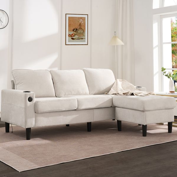 3-Sitzer-Sofa mit zwei Getränkehaltern,USB- und Typ-C-Anschlüssen, Beige