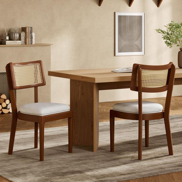 Esszimmerstühle 2er-Set 88cm×50cm×58cm aus Massivholz und Rattan – mit Leinenkissen, Walnuss