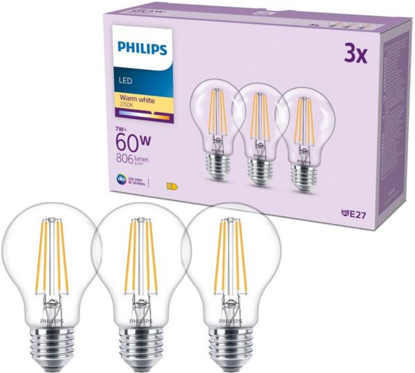 Philips classic A60 LED Lampe, 60 Watt, klar, E27 Sockel, 2700 K warmweißes Licht, 3er Pack Bild 2